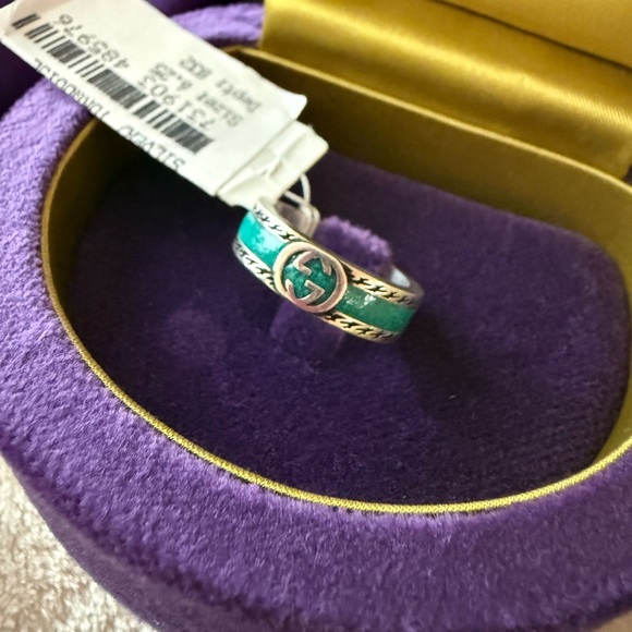 Gucci Silver Band Ring with Teal band accent and Double G - Picture 5 of 11